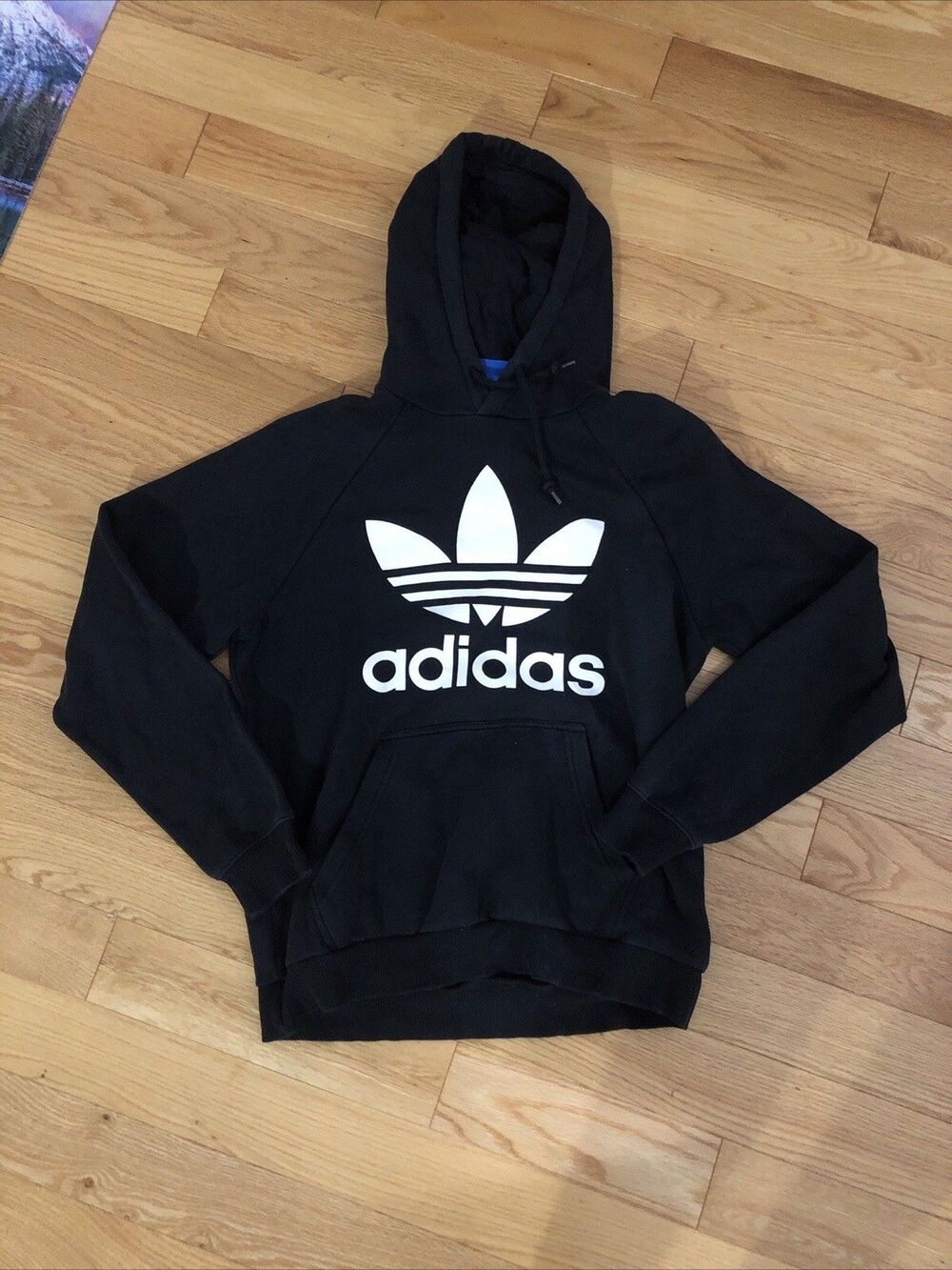 Adidas Tre-Foil Hoodie Men’s Small Black Sweatshirt Spell Out Big Logo Pullover